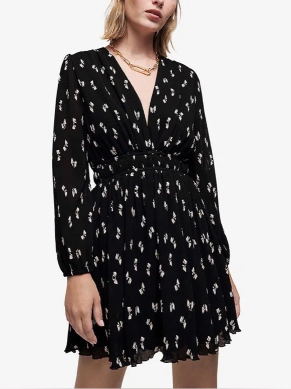 Maje Bow Print Pleated Jersey Mini Dress French Designer Statement Dress Sz 36/4